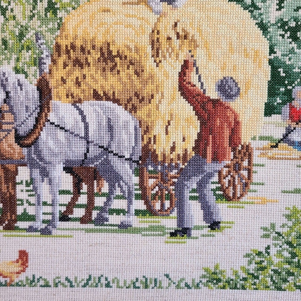 Vintage Cross Stitch Hay Wagon Barn Scene Farm Completed Textile Needlework - Picture 13 of 13